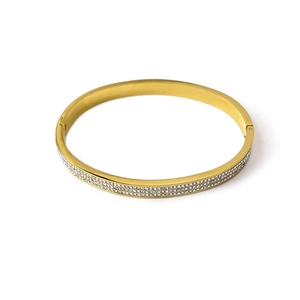 Elegant gold titanium steel bracelet with double row crystal pavé on a white background