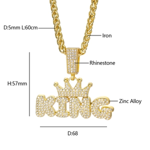 Detailed hip-hop KING crown pendant dimensions with iced-out crystals and wheat chain