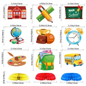 Detailed size chart for back to school party honeycomb decorations and paper cards