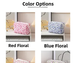 Detailed grid view showing various floral quilted cotton makeup bags with zip closures