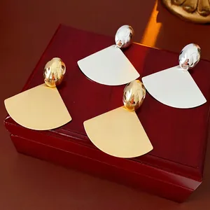 Fan Shaped Geometric Earrings For Women Vintage Brushed Metal Minimalist Jewelry With Steel Earring Post