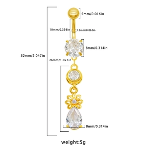 Piercing de nombril fleur avec zircons roses et blancs et détails de mesure