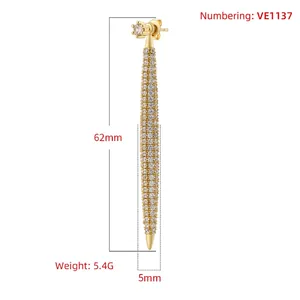 Exaggerated 18K gold plated long bar earrings with full zircon micro-inlays for women