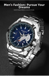 Détail du cadran bleu multifonction avec chronographe et guichet de date sur montre en acier