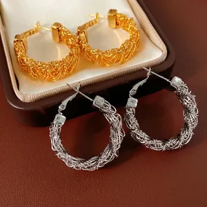 24k gold-plated and silver geometric hoop earrings with woven wire design for women
