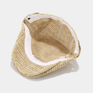 Beige straw woven flat cap for women and men, breathable mesh design with sweatband