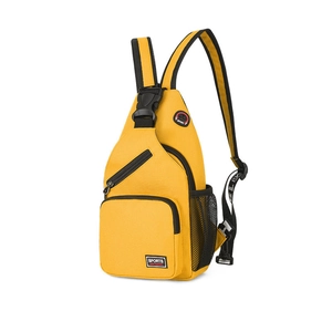 Detail of yellow Oxford cloth chest bag with side mesh pocket and adjustable shoulder strap