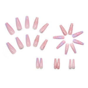 Pink and purple ballerina press-on nails with floral patterns and glitter rhinestones