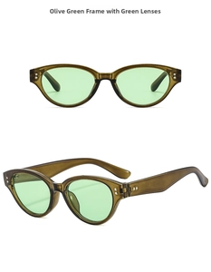 Detail view of retro cat eye sunglasses in olive green with silver stud accents