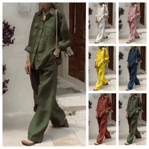 Women Outfits Linen Textured Long Sleeve Lapel Button Down Shirt And Wide Leg Pants Casual Loose Streetwear Loungewear