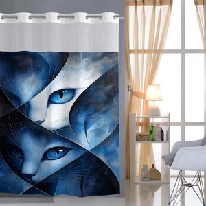 Detail of waffle weave shower curtain showing silver metal grommets and blue cat eye art