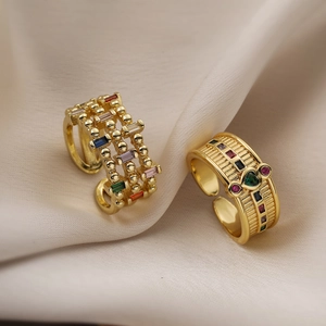 Colorful Zircon Open Ring Copper Gold Plated Heart Geometric Wide Adjustable Finger Jewelry For Women Trendy INS Style