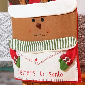 Detail of Christmas reindeer chair cover featuring 3D scarf and Letters to Santa embroidery