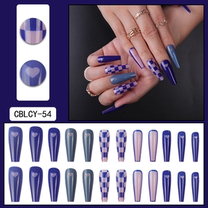 Blue checkerboard heart pattern press-on nails set with long ballerina shape