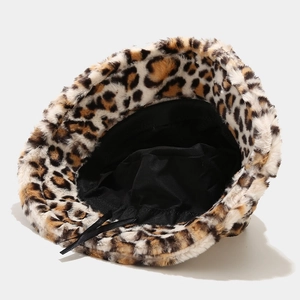 Women's faux fur leopard print bucket hat with adjustable inner strap and soft texture
