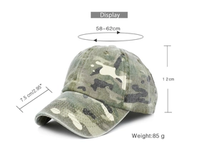 Détails de la casquette tactique camouflage avec dimensions et tissu respirant