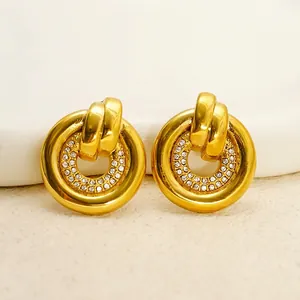 18K gold plated stainless steel intertwined hoop earrings with sparkling zircon inlay