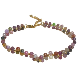 Double-layer colorful agate and pearl beaded bracelet with elegant gold-tone spacers