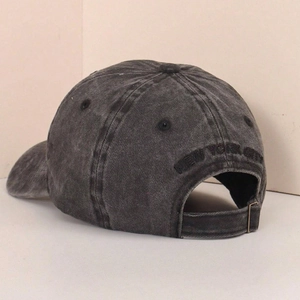 Distressed dark grey washed cotton baseball cap with New York City embroidery and metal buckle