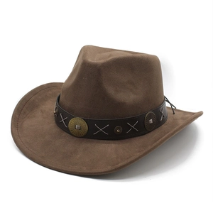 Brown western cowboy hat with suede texture and vintage metal sunflower buckle decoration