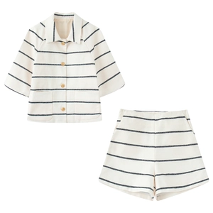 Striped knit two-piece set with short sleeve button-up top and matching shorts in cream