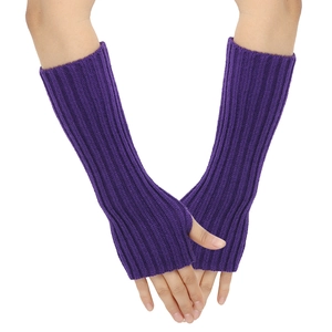 Detail of dark purple ribbed knit arm warmers with thumb hole for autumn and winter