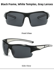 Front and side views of sports sunglasses with black frames and white rubberized temples