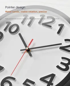Close-up of 3D embossed numerals and metal pointers on a minimalist wall clock