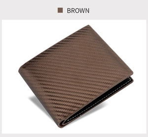 Detail view of brown bifold wallet featuring high-tech carbon fiber texture and stitching