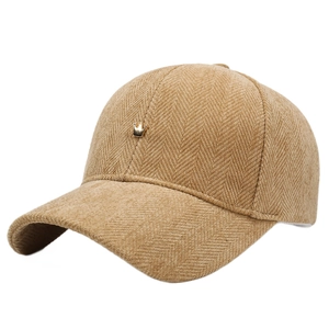 Khaki corduroy baseball cap with herringbone texture and gold crown emblem