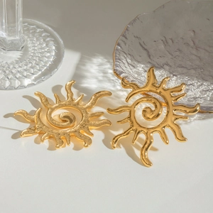 Polished gold stainless steel sunburst earrings with spiral core and radiant rays