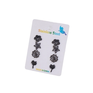 Set of four pairs of minimalist matte black stainless steel floral stud earrings for women