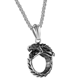 Collier dragon ouroboros en acier titane argenté rétro avec chaîne épaisse hip hop