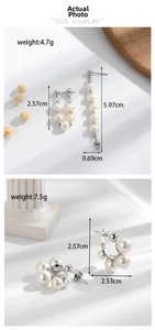 Macro detail of stainless steel pearl bow earrings with size and weight measurements