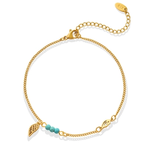 Gold titanium steel anklet with turquoise beads, hollow leaf and eye-shaped charms