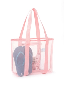 Pink large capacity mesh beach bag with items inside showing storage space