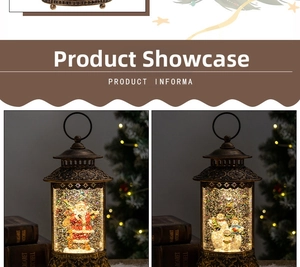 Close-up of bronze vintage Christmas lanterns with Santa and snowman inside