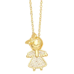 Cute golden cartoon girl pendant necklace with sparkling crystals on white background