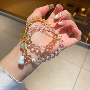 Natural white chalcedony and crystal bead bracelet with yellow citrine and gourd charm