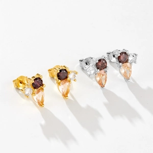 S925 sterling silver drop flower studs with champagne and purple zircon gemstones