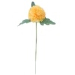 Artificial yellow pompon chrysanthemum flower with single head and green leaves on white backdrop