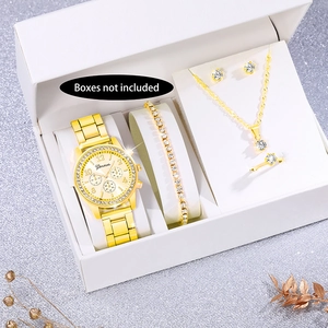 Geneva Women Luxury Quartz Watch With Rhinestone Necklace Bracelet Earrings Ring Fashion Alloy Accessories No Box Gold Silver Rose Gold
