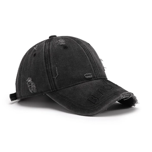 Distressed washed cotton baseball cap in black with BLACK embroidery for men and women