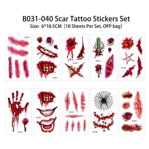 Set of 10 Halloween scar tattoos with bloody wounds and spider webs for horror makeup