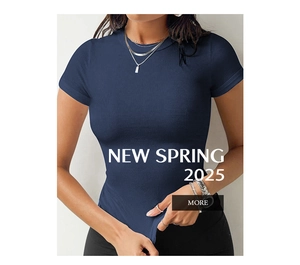 Close-up of navy blue ribbed knit texture and slim fit crew neck short sleeve shirt
