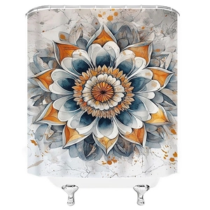Watercolor mandala shower curtain with vibrant orange and navy blue floral art design