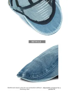 Detail view of washed blue denim cap showing reinforced stitching and fabric texture