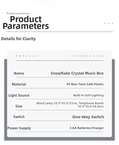 Technical specifications of the musical snow globe lantern with dimensions and power details