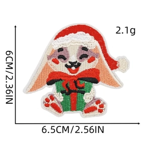 Detailed view of a rabbit Christmas embroidery patch with dimensions and stitch texture