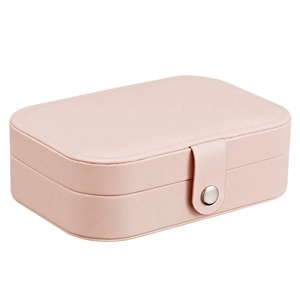 Pink PU leather double-layer jewelry storage box with buckle closure on white background